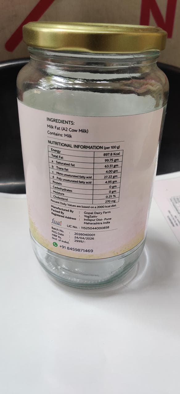 YogSattv A2 Gir Cow Ghee nutrition label